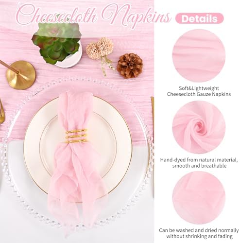 12 Pack Pink Cloth Napkins 20x20 Inch Cheesecloth Napkins Rustic Boho Gauze Dinner Napkin Cloth Washable Elegant Table Napkins for Wedding Party Bridal Baby Shower Table Decor