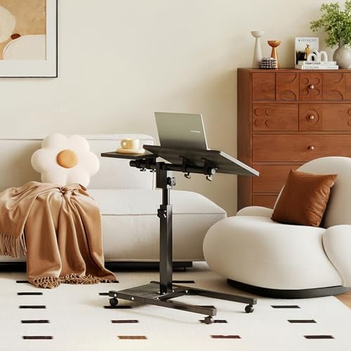 Overbed Table with Wheels Adjustable Height, Mobile Standing Stand Up Rolling Laptop PC Desks with Tilting Top Height Tray Side Computer Workstation for Bedroom on Hospital Home Use, Black