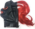 Black Latex Hood with Red Trim with Double Red Ponytail Wigs Back Zipper Rubber Mask Cosplay Club Wear