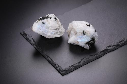 Jovivi 2pcs Raw Rainbow Moonstone Crystals,Large 1.6-2.2" Healing Crystals Natural Rough Stones Crystal for Tumbling, Cabbing, Home Decoration, Polishing, Wicca & Reiki