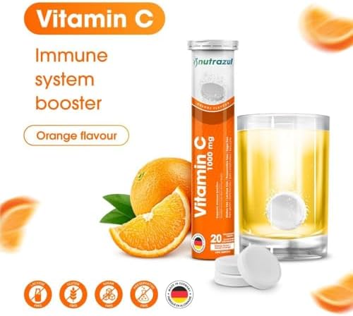 nutrazul Vitamin C 1000mg Effervescent Tablets, VIT C Supplement to Help Maintain Immune Function, Gluten-Free, Lactose-Free, Sugar-Free, Preservative-Free, Orange Flavor, 20 Count, Pack of 3