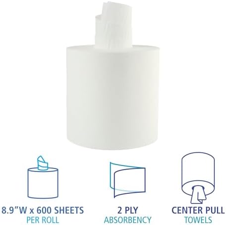 Boardwalk Bathroom Center-Pull Disposable Hand Paper Towel Roll, 2-Ply, 7.6 x 8.9, 600/Roll, 6/Carton, White