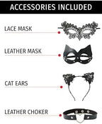 Maxim Party Supplies Leather Catsuit Costume Bodysuit for Women 5 Piece Latex Jumpsuit include 2 Masks, Choker, and Cat Ears