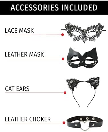 Maxim Party Supplies Leather Catsuit Costume Bodysuit for Women 5 Piece Latex Jumpsuit include 2 Masks, Choker, and Cat Ears