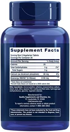 Life Extension D-Ribose Tablets, plus calcium, helps maintain healthy energy levels in heart and muscle, encourages the production of ATP, gluten-free, non-GMO, vegan, 100 vegetarian tablets