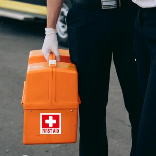 First Aid Kit Sign Sticker, 10 Pack Self Adhesive First Aid Decal Emergency for Medical Cross Emergency Box Hospital Ambulance, 5 x 5 Inches Vinyl Waterproof.