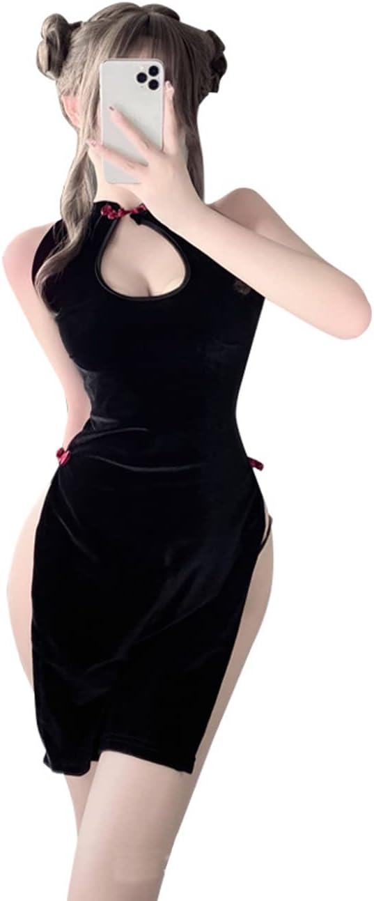 Women High Slit Cheongsam Long Dress Hot Cosplay Lingerie for Women Qipao Sexy Nightdress Pajamas Black