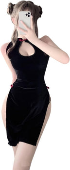 Women High Slit Cheongsam Long Dress Hot Cosplay Lingerie for Women Qipao Sexy Nightdress Pajamas Black