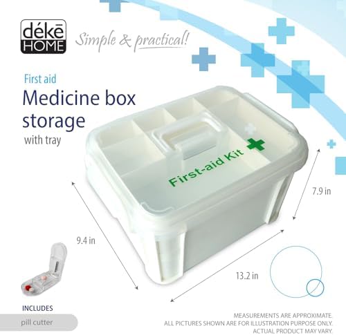 Deke Home - Portable First Aid & Medicine Organizer Box with Handle – Plastic Family Medical Storage Kit for Travel, Car, Home, Camping, Office + Pill Cutter