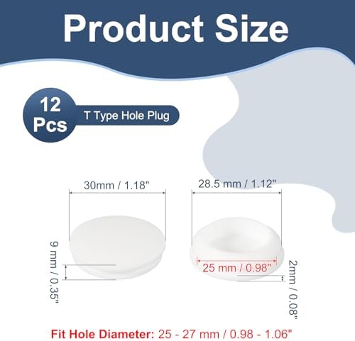 Rubber Plugs, Silicone Hole Plugs, T Type Rubber Stoppers, Waterproof Snap Locking End Caps - Fitting for (25-27 mm Round Holes/Kitchen/Furniture) 25 mm & 12 Pack & White