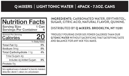Q LIGHT TONIC WATER with Real Quinine & Organic Agave - Ideal for Cocktails & Mocktails - Made with Real Ingredients, Perfectly Carbonated, & Less Sweet - 20 Calories per Can - 7.5 Fl Oz (Pack of 24)