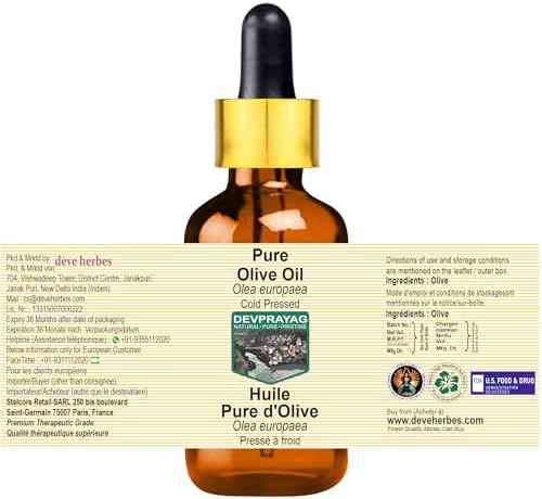 Pure Olive Oil (Olea europaea) with Glass Dropper Cold Pressed 100ml (3.38 oz)
