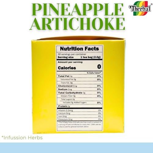 Therbal Pineapple Artichoke Tea – 30 Tea Bags (2g Each) – Natural Herbal Blend with Green Tea, Senna Leaf, and Oat – Caffeine Free – 100% Natural Ingredients