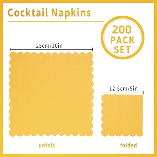 200 Pack Cocktail Napkin 2-Ply Scalloped Edged Dessert Napkins Folded 5 x 5 Inches Disposable Napkins for Dinner Wedding Birthday Party Bridal Anniversary Reception Event (Yellow)