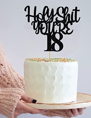 Holy Shit You’re 18 Cake Topper 18th Birthday Cake Toppers Decorations for Boys Girls Glitter Black Doubled Sided Funny 18th Happy Birthday Decorations Cheers to 18 Years Party Supplies