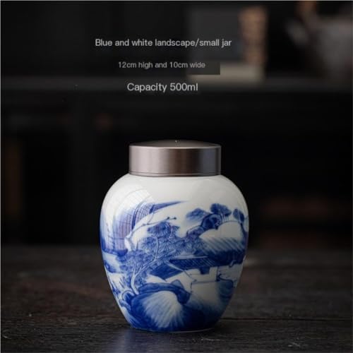 Airtight Tea Container Vintage Blue and White Porcelain Bulk Tea Storage Jar Chinese Style Ceramic Sealed Metal Double Cover Ceramic Tea Caddy(Small)