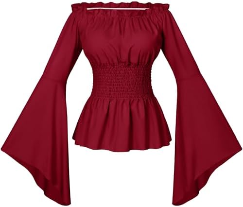 Irtysh Womens Renaissance Victorian Peasant Ruffle Smocked Waist Boho Pirate Shirt Blouse Cosplay Costume