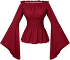 Irtysh Womens Renaissance Victorian Peasant Ruffle Smocked Waist Boho Pirate Shirt Blouse Cosplay Costume