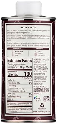 La Tourangelle, Roasted Walnut Oil, Plant-Based Source of Omega-3 Fatty Acid, Cooking, Baking, & Beauty, 16.9 Fl Oz