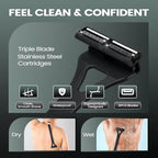 Back Shavers for Men with Foldable Long Ergonomic Handle: DIY Hair Shaver, Replaceable Safety Blade & Portable Razor Groomer for Men, Wet & Dry Shaving-Black (8PCS Blades Included)