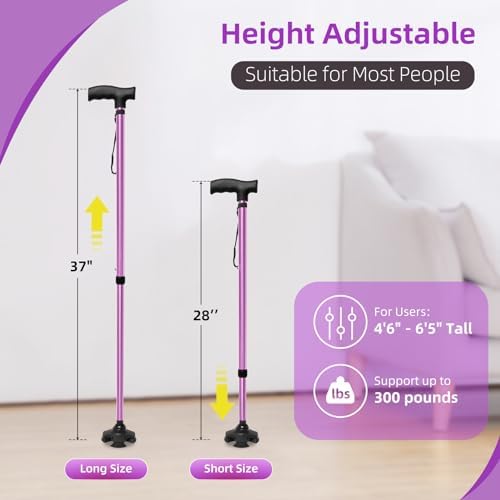 Adjustable Walking Cane for Women,10-Level Height Telescopic Walking Stick with 4-Prong Anti-Slip Pivoting Base, Wrist Strap, Heavy Duty Walking Aid for Adults & Elderly