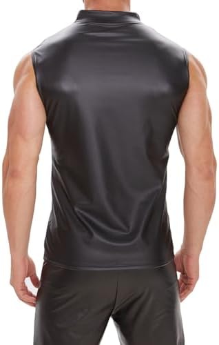 Men Sexy Leather Tank Top, Soft Matte, Plus Size, Male Shiny Vest, Black