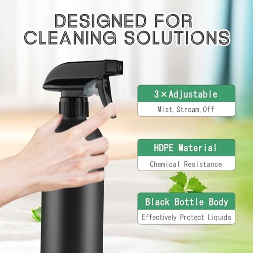 500ml/16 Oz Plastic Spray Bottles,Empty Heavy Duty Adjustable Fine Mist and Stream Container for Home Garden Plant,Essential Oils,Hair,Household Cleaning Solutions-Black,6 Pack