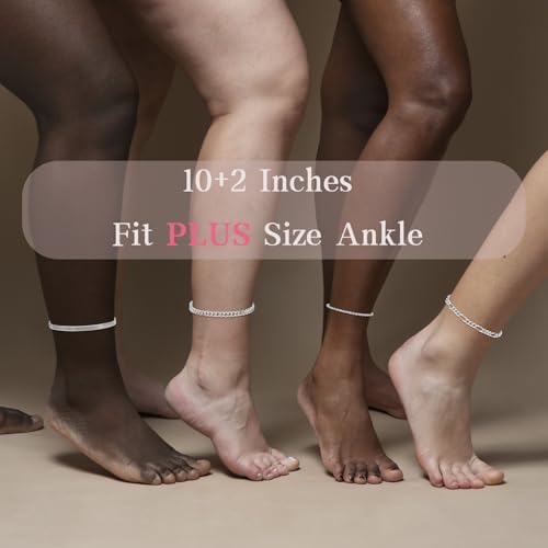 Plus Size Ankle Bracelets for Women - Extra Large 10"+2" Adjustable Anklet 14K Real Gold Plated Anklet Cuban Link, Figaro, Rope, Snake Herringbone - Summer Beach Waterproof Foot Jewelry