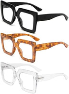 3 Pack Oversized Thick Frame Reading Glasses for Women,Stylish Square Large Readers Blocking Blue Light Glasses