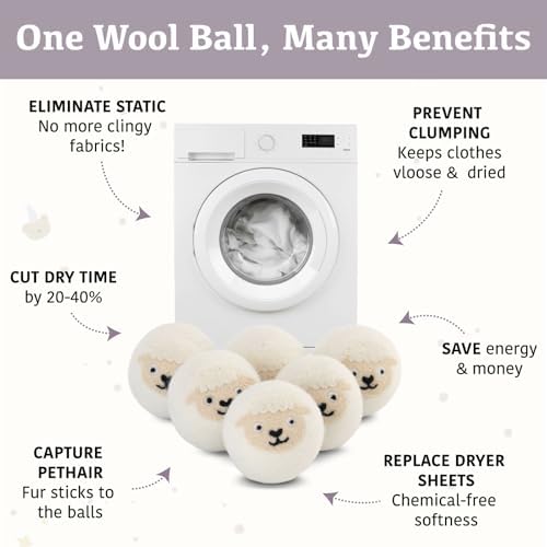 Wool Dryer Balls XL 6-Pack with Felt Storage Box, 100% Pure Wool Dryer Balls, Reusable Laundry Dryer Balls, Reduce Drying Time Wrinkles Static, Natural Fabric Softener Alternative (White Sheep)