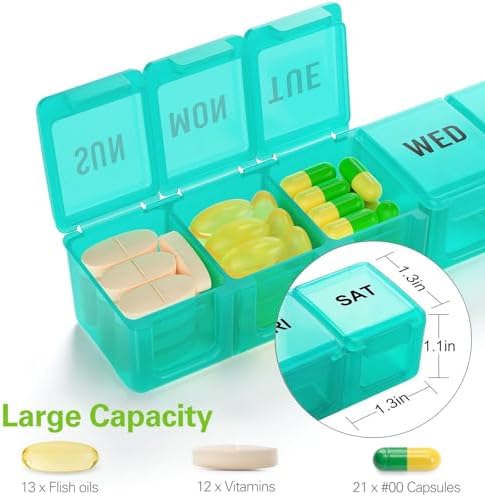 BUG HULL Weekly Pill Organizer Large 2 Packs, Extra Large Travel Pill Organizers, Pill Box 7 Day, Travel Pill Case, Medicine Pill Organizer for Vitamins, Supplements and Medications (Blue+Green)