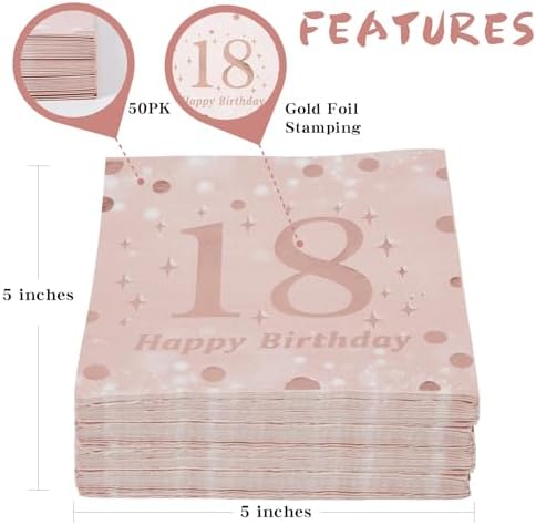 18th Birthday Decorations for Girls - 50PK - Happy 18th Birthday Napkins 18 Year Old Birthday Decorations 5x5 Inches, Disposable Cocktail Napkins Paper for 18th Birthday Party Decoraiton Rose and Gold