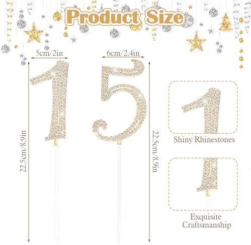 15 Cake Topper, Rhinestone 15th Birthday Cake Topper Happy 15 Crystal Rhinestones Cakes Toppers Crystal Rhinestones Birthdays Cakes Decoration for Quinceanera Birthday Anniversary(Gold)