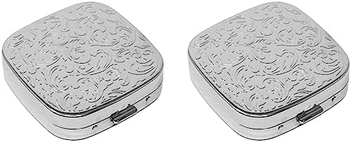 Set of 2 Square-Shaped Pocket Purse Pill Box with Mirror (Silver Etched Floral Print)