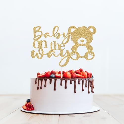 Glitter Baby On The Way Cake Topper - Pregnancy Announcements Cake Topper, Baby Bear Gender Reveal Birthday Party Decorations Gold