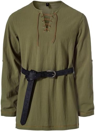 JEMITOP Men's Pure Cotton Vintage Lace Up Shirts for Pirate Renaissance Viking Medieval Costume Without Belt