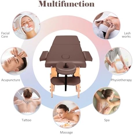 CHRUN Massage Table Portable Wide Massage Bed 84 Inches Spa Bed 2 Fold Table 9 Heigh Adjustable Carry Case Salon Bed Face Cradle Bed Brown