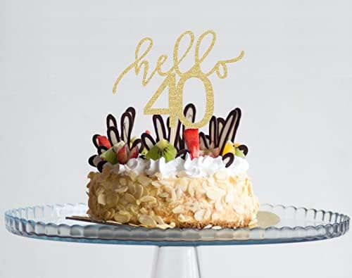 AHAORAY Hello 40 Cake Topper - Gold Glitter 40th Birthday Cake Decorations - 40 Wedding Anniversary Party Cake Decor