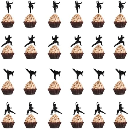 Sleyberoy 24 Piece Karate Cupcake Toppers, Taekwondo Themed Happy Birthday Party Cupcake Decorations, Shiny Black (Martial arts 24)