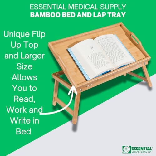 Essential Medical Supply Bamboo Bed and Lap Tray - Extra Large Flip Up Top, Raised Edge, and Handles for Easy Use - Perfect for Eating, Reading or Working in Bed, On a Recliner or in a Wheelchair
