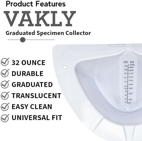Vakly Graduated Specimen Collector Pan 32 oz – Durable Urine Measuring Toilet Hat with Pour Spout & Flat Bottom for Hospitals, Nursing Homes, Labs & Home Use