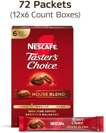 NESCAFÉ Taster's Choice, Instant Coffee Packets, Light Medium Roast Coffee, House Blend, 12 Boxes (72 Packets)