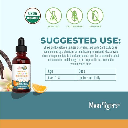 MARYRUTH'S Organics Multivitamin & Multimineral with Iron for Toddlers | USDA Organic | Sugar Free | Multivitamin Liquid Drops for Kids Ages 1-3 | Immune Support | Vegan | Non-GMO | 2 Fl Oz