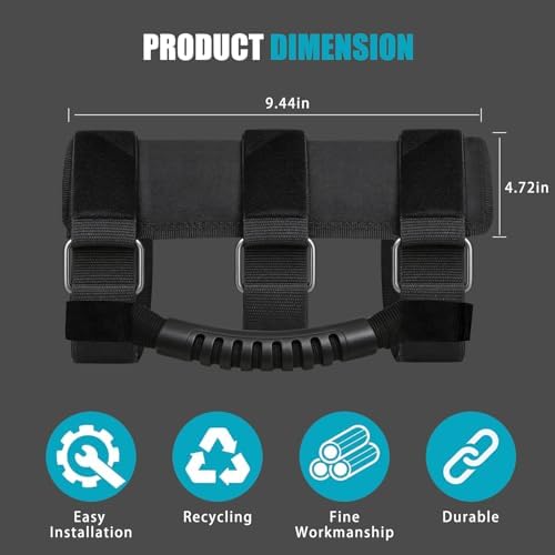 Grab Handles 2 Pack, Upgraded 3-Strap Roll Bar Grab Handles with Metal Buckles, Compatible with Jeep Wrangler CJ YJ TJ JK JKU JL JLU JT (1955–Present), Fit 2–4 Inch Roll Bars