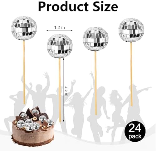 24 Pcs Disco Ball Cupcake Toppers, Mini Disco Ball Cake Picks Birthday Cake Decorations for 1970s Disco Theme Party Favor