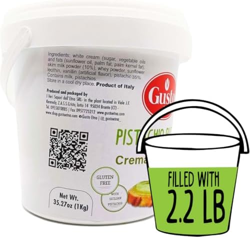 GUSTO ETNA Sicilian Pistachio Cream – 35% Pistachios, Sweet Spreadable Butter, 2.2 lbs (1 kg) Rich & Nutty Pistachios Cream for Knafeh Dubai Pistachio Chocolate Bars, Product of Sicily, Italy