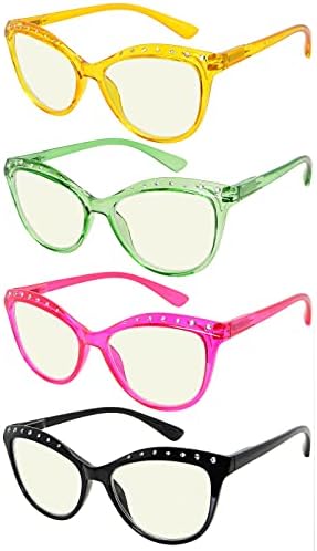 CessBlu 4 Pack Blue Light Blocking Reading Glasses for Women Cat-eye Ladies Rhinestone Readers +1.25