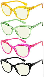 CessBlu 4 Pack Blue Light Blocking Reading Glasses for Women Cat-eye Ladies Rhinestone Readers +1.25