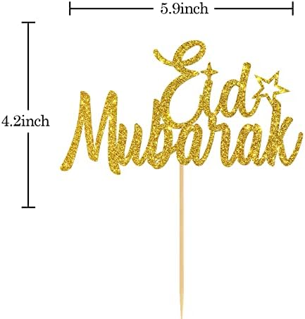 Eid Mubarak Cake Topper - Gold Glitter Ramadan Kareem, Ramadan Hajj Mubarak Islamic Muslim Festival Anniversary Party Decorations