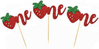 Morndew 24 PCS Strawberry One/1st Cupcake Toppers for First Birthday Anniversary Baby Shower Wedding Party Decorations
